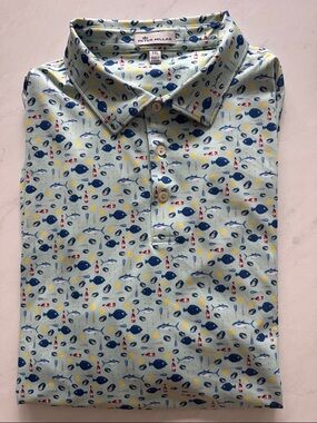 NWOT Peter Millar Light Blue Polo with Navy & Yellow Nautical Oyster Fish Print